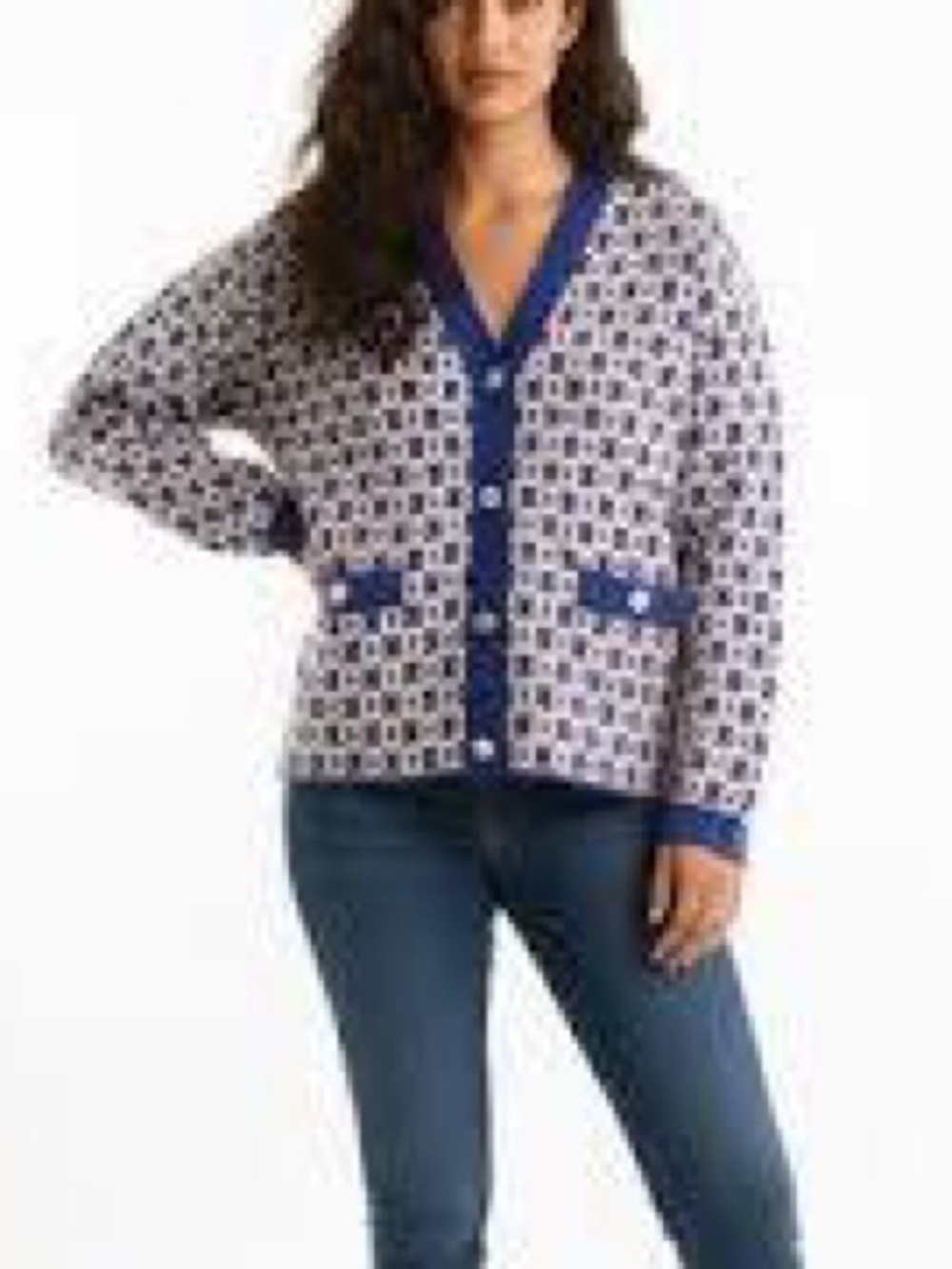 On 34th Geometric Print Cardigan Sweater  White Blue Red Retro Thick Cozy Fall